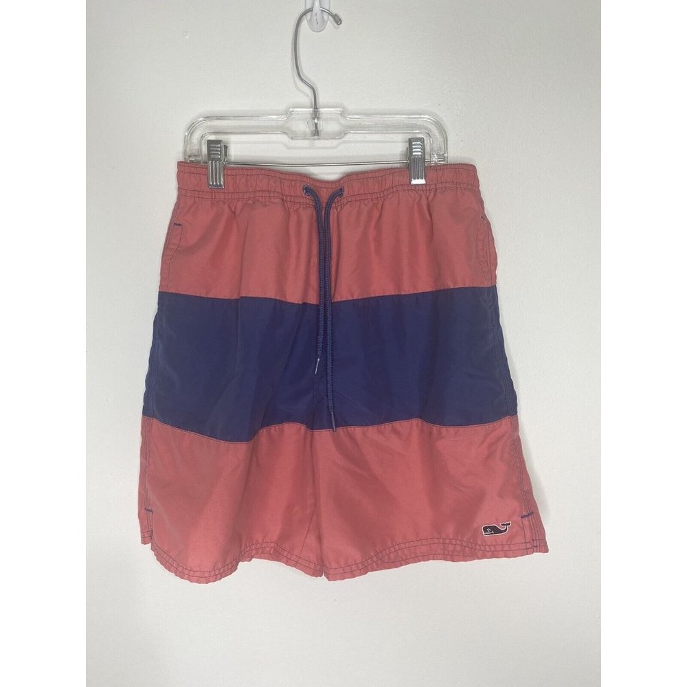 Vineyard Vines Swim Trunks Boys XL Blue Pink Stiped Logo Drawstring Bathing Suit